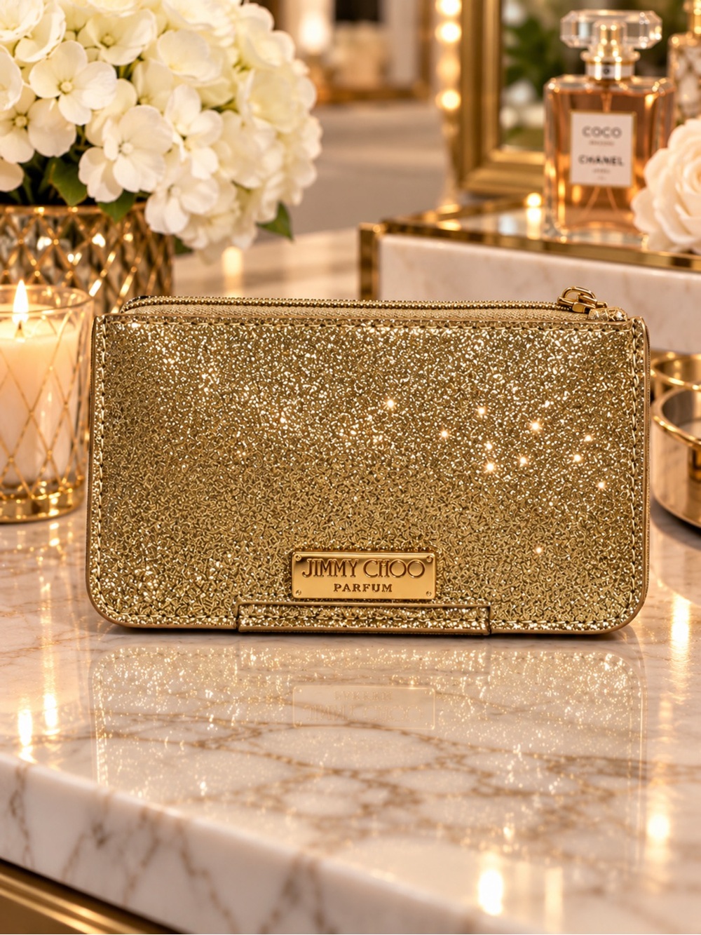 Jimmy Choo Gold Glitter Zip Clutch